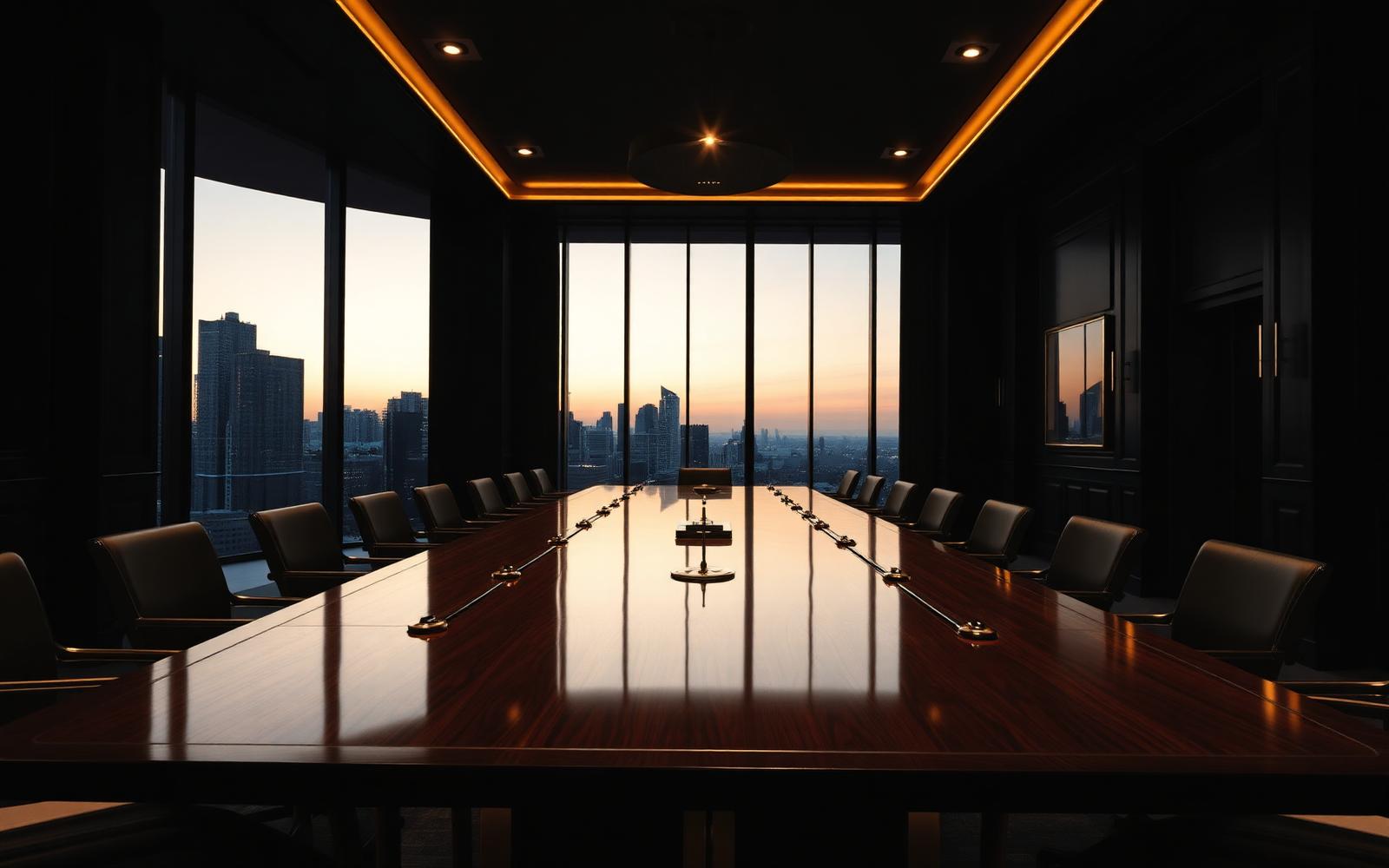 Executive boardroom interior with floor-to-ceiling windows